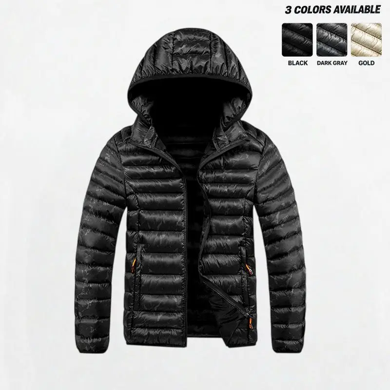 Men's hooded puffer jacket with full zipper closure and soft inner ...