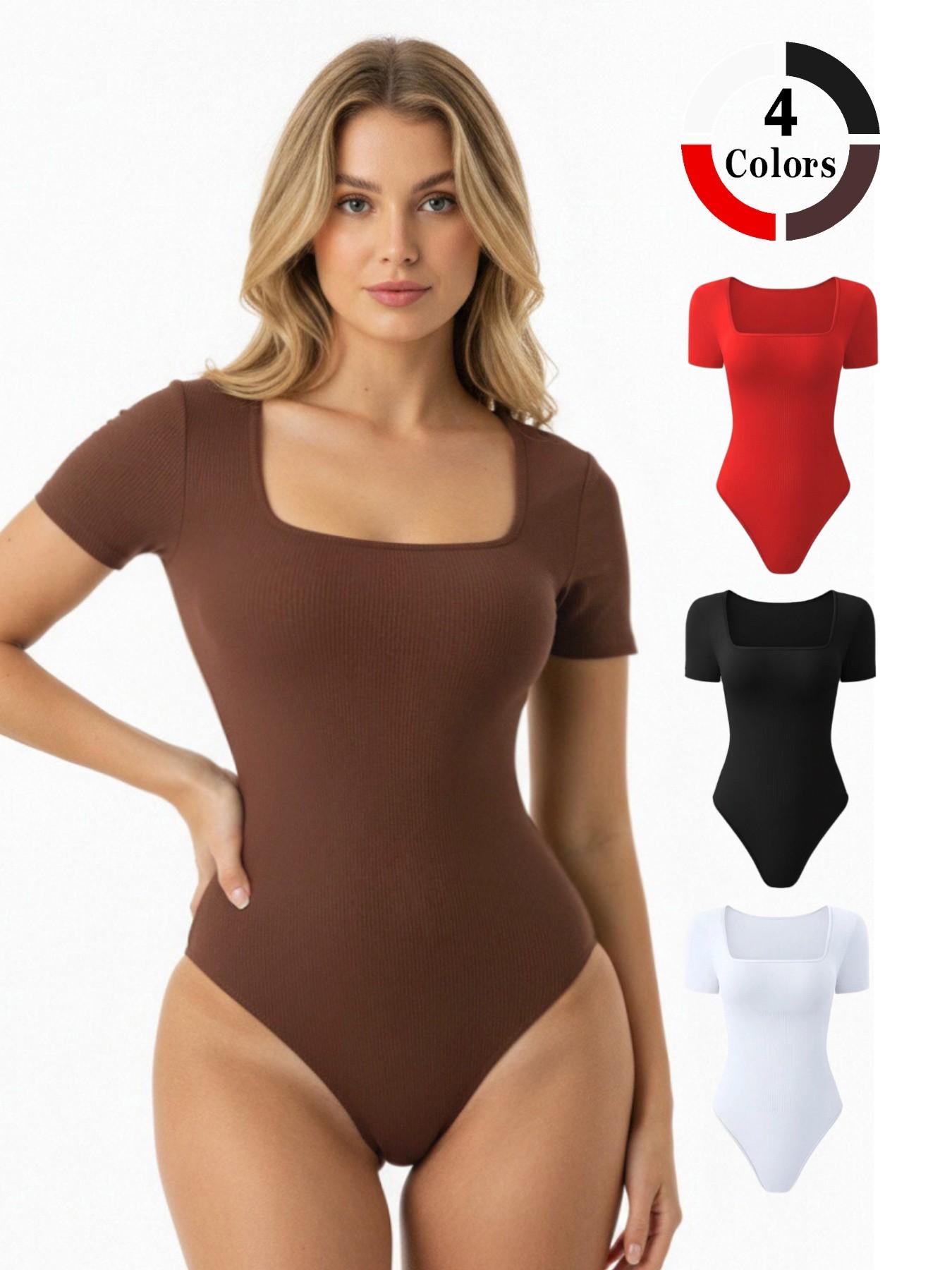 Women's Square Neck Short Sleeve Bodysuit, Seamless Waist Cinch Slim Fit Inner Top, Basic Hot Girl Underwear T-Shirt