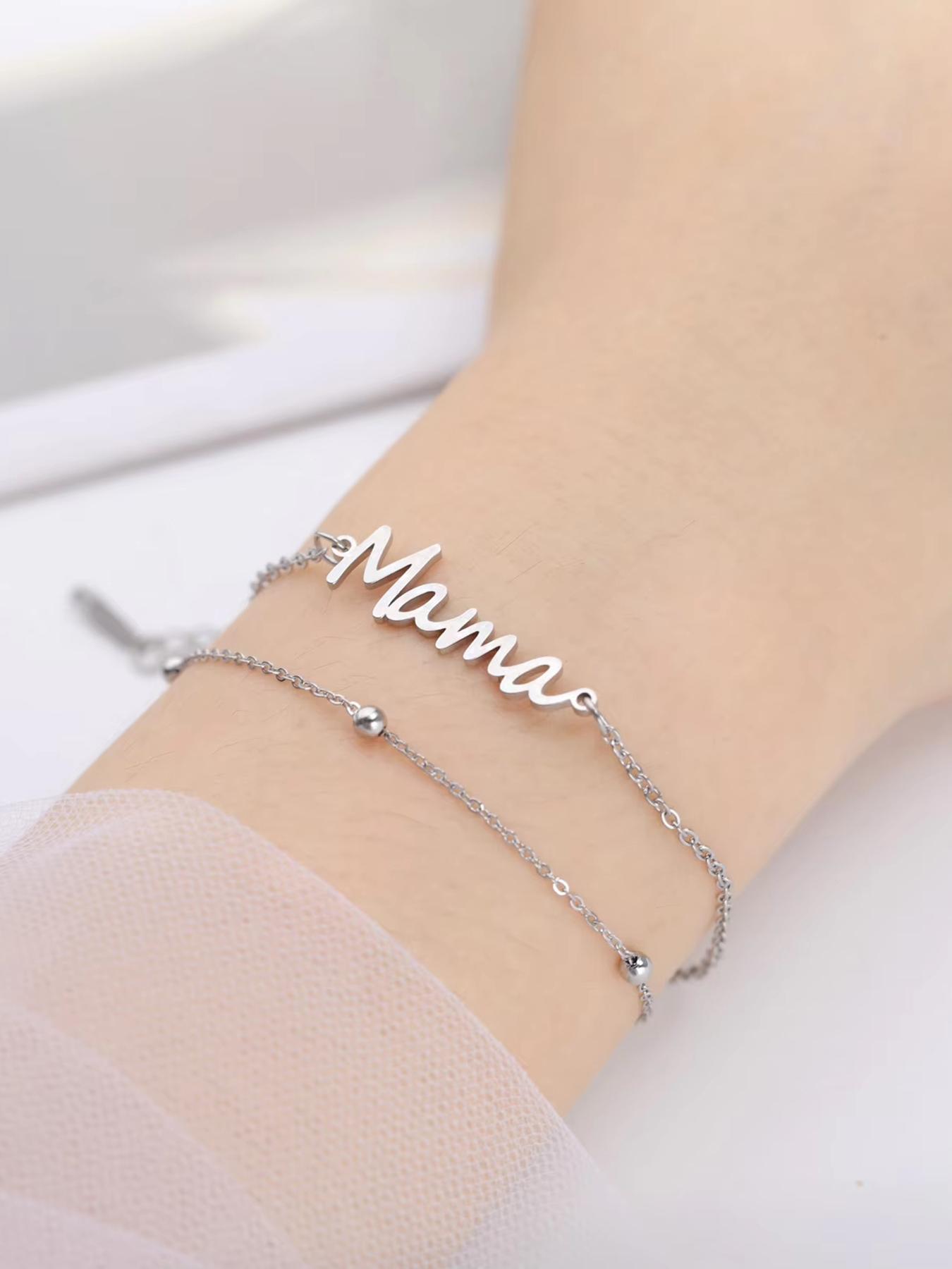 Sky Horizon Alphabet Mom Pendant Bracelet - Stainless Steel Double Layer Beaded Bracelet - A delicate mom bracelet, a gift for new moms, mothers-in-law, stepmothers, mothers, and wives on Mother's Day. Fashion accessory. Mother's Day gift, mom gift.