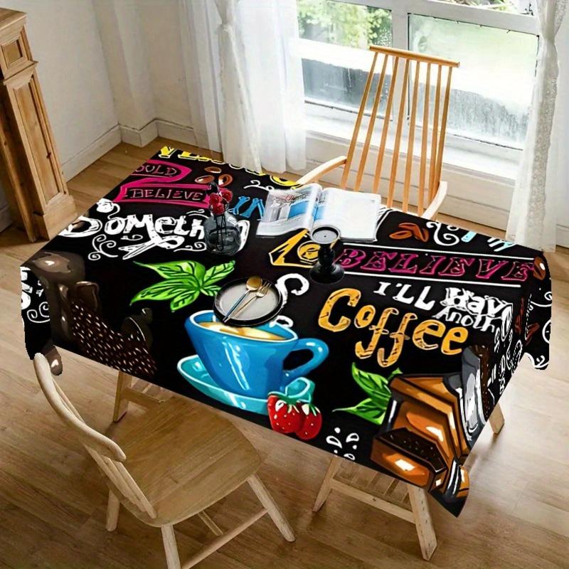 1pc Chic Coffee and Text Design Tablecloth - Rectangular Polyester Tablecloth, Easy to Clean, for Parties, Dining Decor and Outdoor Use, Picnic Table Cover