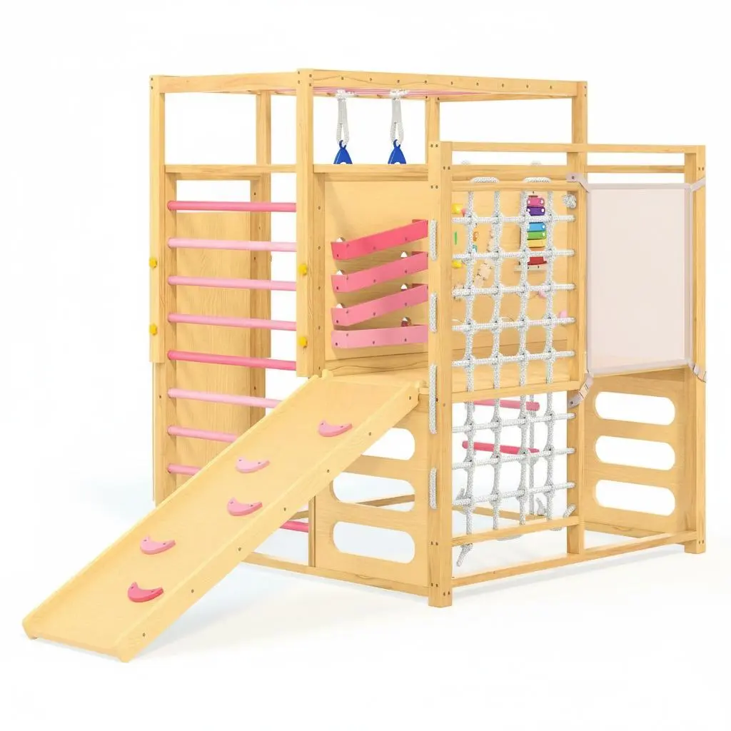 9-in-1 Wooden Indoor Jungle Gym for Kids Ages 2-8 – Climbing Playset with Adjustable Height, Slide, Monkey Bars, Rope Ladder, Rock Wall, Net & Rings – Compact, Safe Toddler Playground