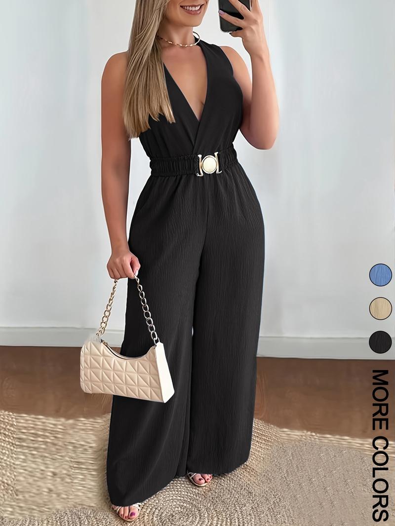 Women's Solid Belted Jumpsuit, Casual Sleeveless V Neck Jumpsuit for Summer, Women's Clothes for Daily Wear, Ruched Belted Jumpsuit