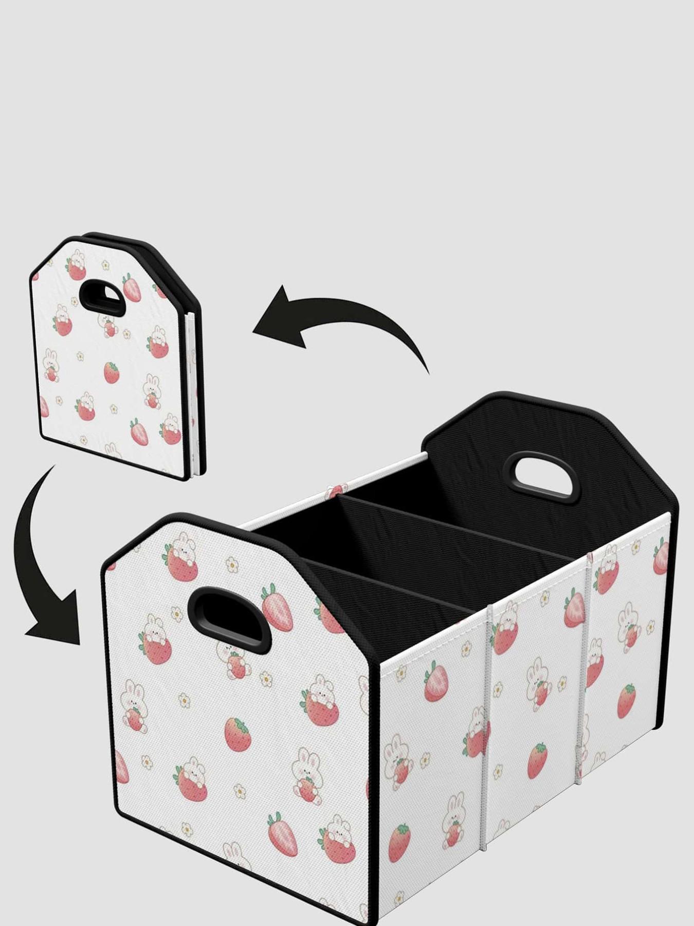 Rabbit Strawberry Pattern Car Storage Box, Foldable Trunk Organizer with Dividers, Multi-Functional Vehicle Holder for All Seasons, Car Storage Organizers