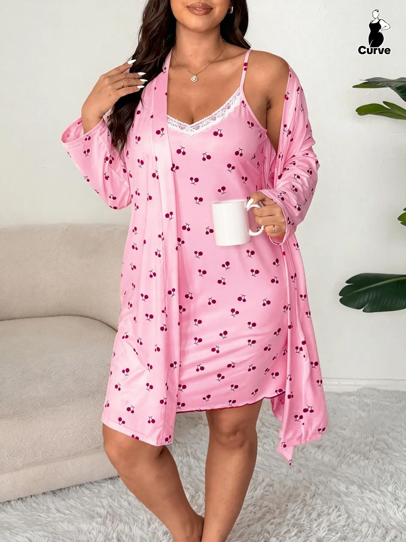 Plus Size Cherry Floral Lace Halter Dress + Long Sleeve Sleepwear Set, Sweet Casual Home Wear, Fitted Summer
