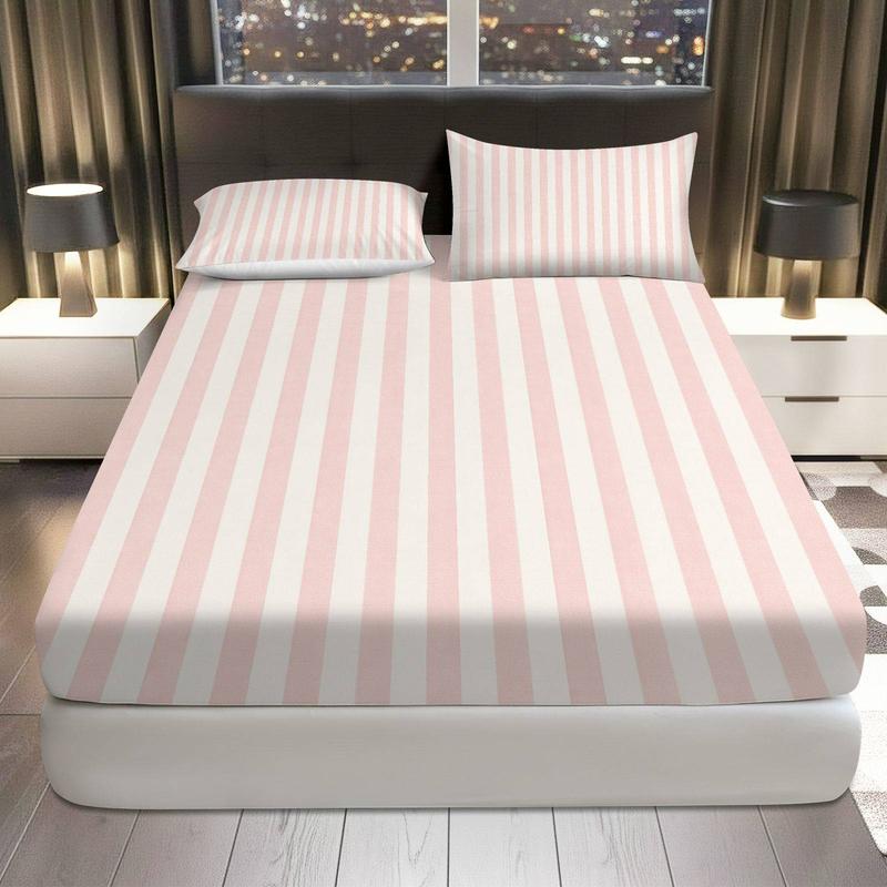 3Pcs Pink White Striped Fitted Sheet Three Piece Set (1*Fitted Sheet+2*Pillowcases, Coreless), Modern theme, Stripe Pattern Bedding Set, Mattress Protector Soft, Breathable