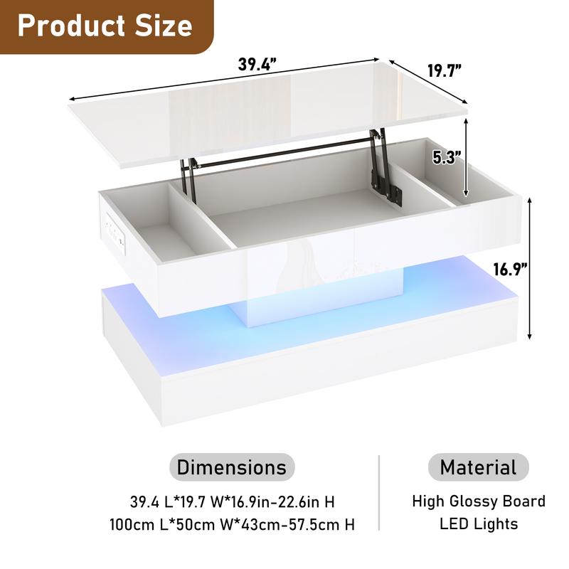 39.4"/47.2" Large Lift Top Coffee Table,Modern High Glossy LED Coffee Tables for Living Room with Storage,Black Living Room Tables for Living Room,Dining Room,Bedroom Home Office,APP LED Lights（Black/white）