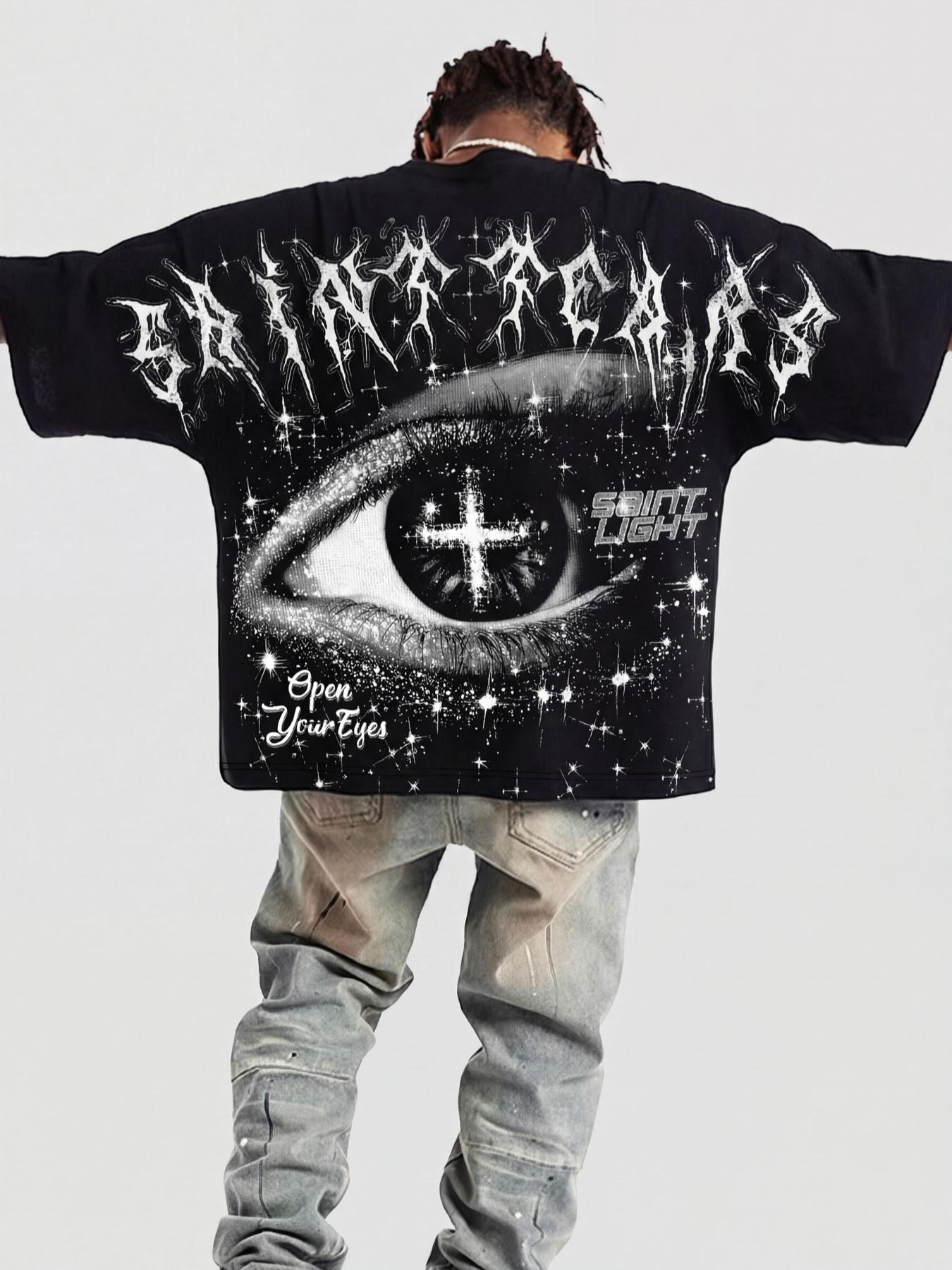 Men's Retro Eye & Cross Graphic Oversized T-Shirt, Gothic Streetwear Top, Long Loose-Fitting Floral Pattern, No Button or Zipper