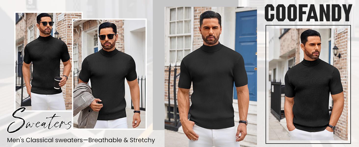 COOFANDY B Men's Mock Turtleneck Sweater Short Sleeve Casual Basic Tops Ribbed Knit Pullover Solid Tee