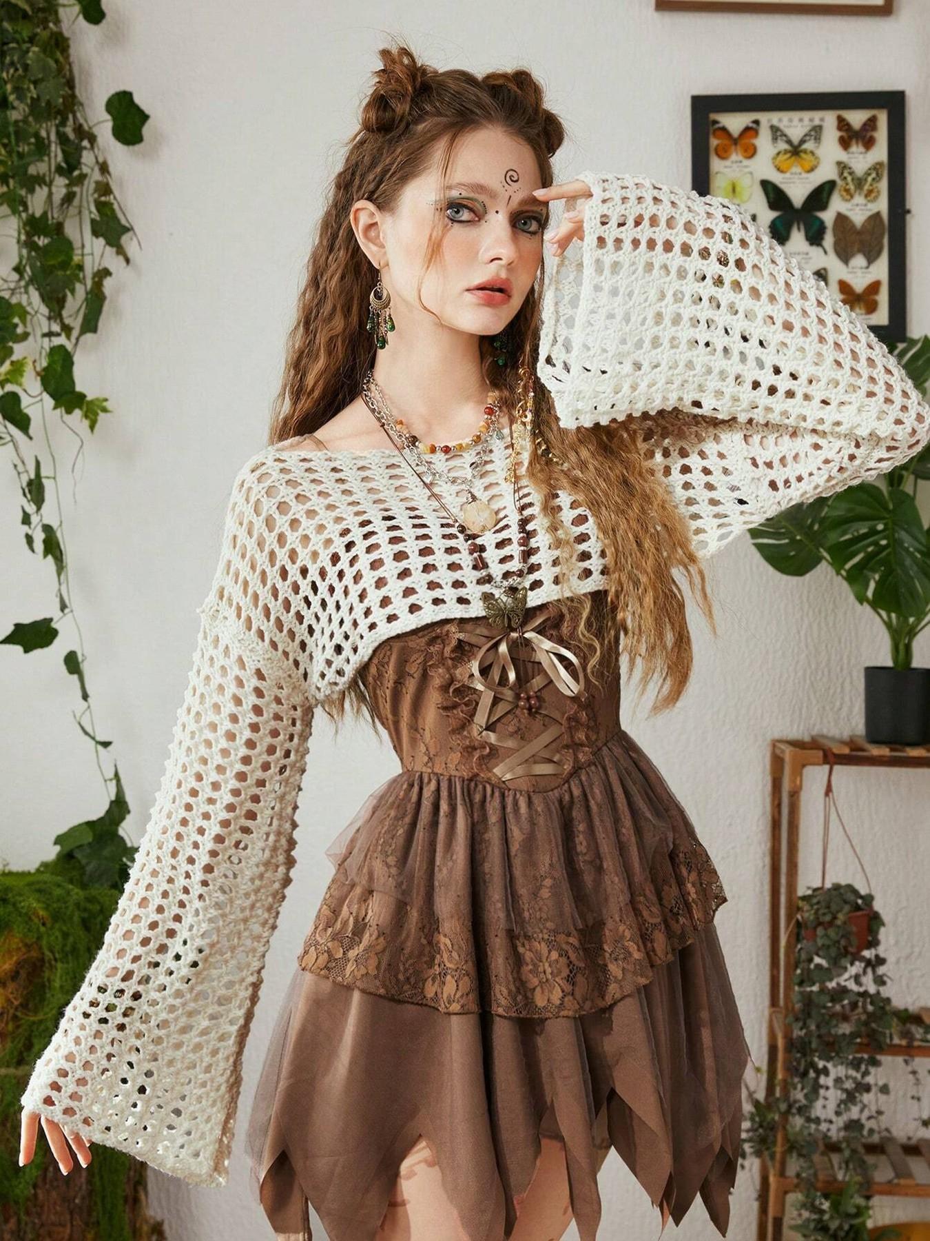 Summer Women's Hollow Knit Cropped Pullover Knitwear, Unique Street Style Long Sleeve Sun Protection Top, Elegant and Loose Casual Design