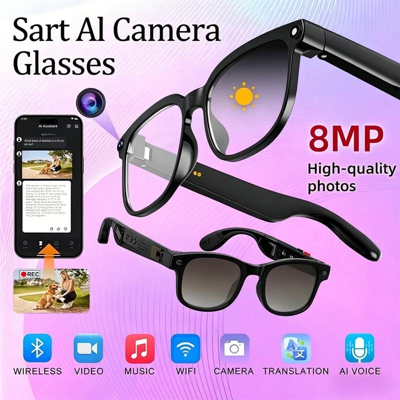Smart AI camera glasses with 8-megapixel photochromic lenses, adjustable via buttons and touch control. Suitable for travel and outdoor adventures, supporting 160+ languages, real-time translation, Bluetooth wireless wearable video recording, and UV prote
