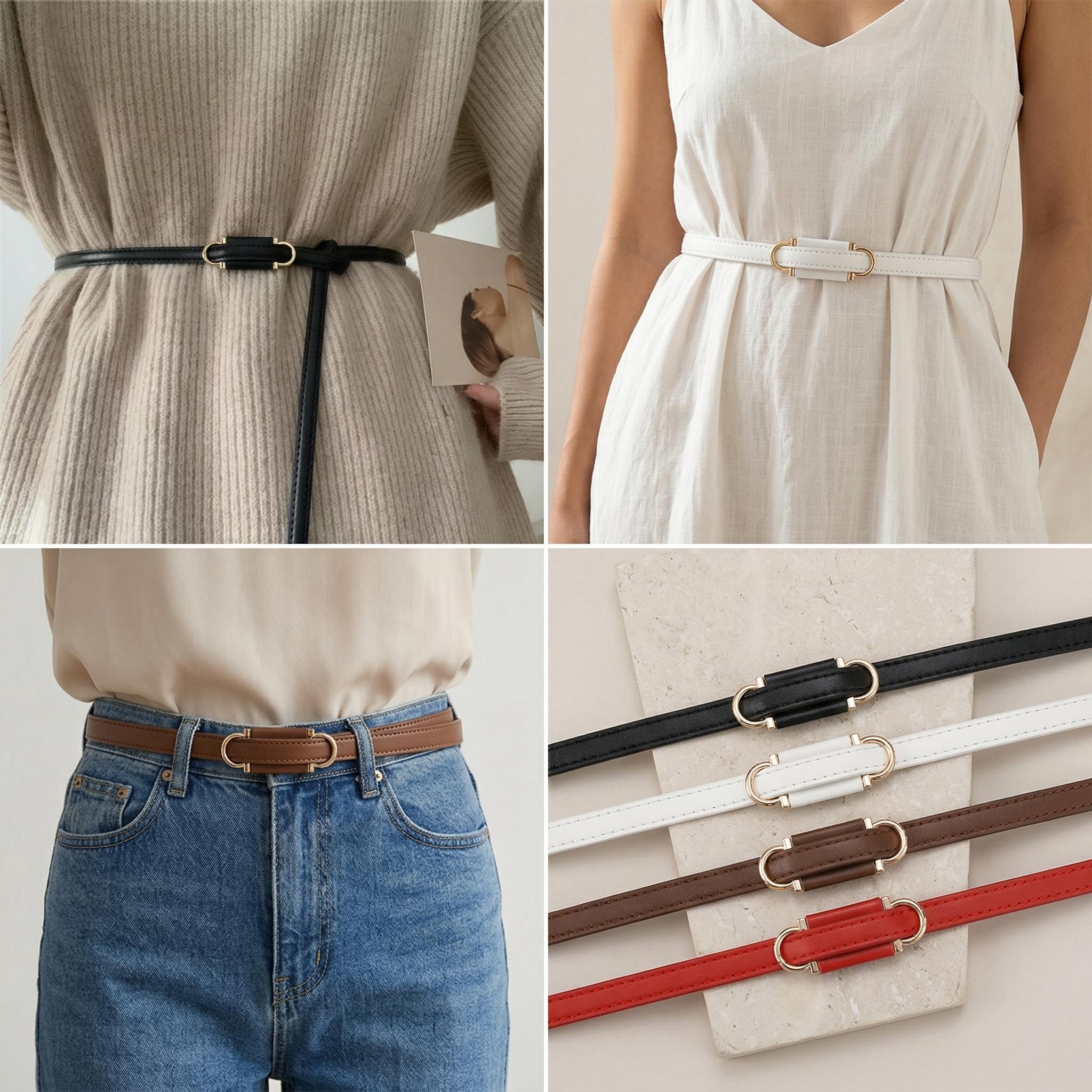 Adjustable Thin Belt with Dual Buckles, Soft Style Waist Cinch Strap, Multi-Color Options, Dress & Sweater Accent Belt