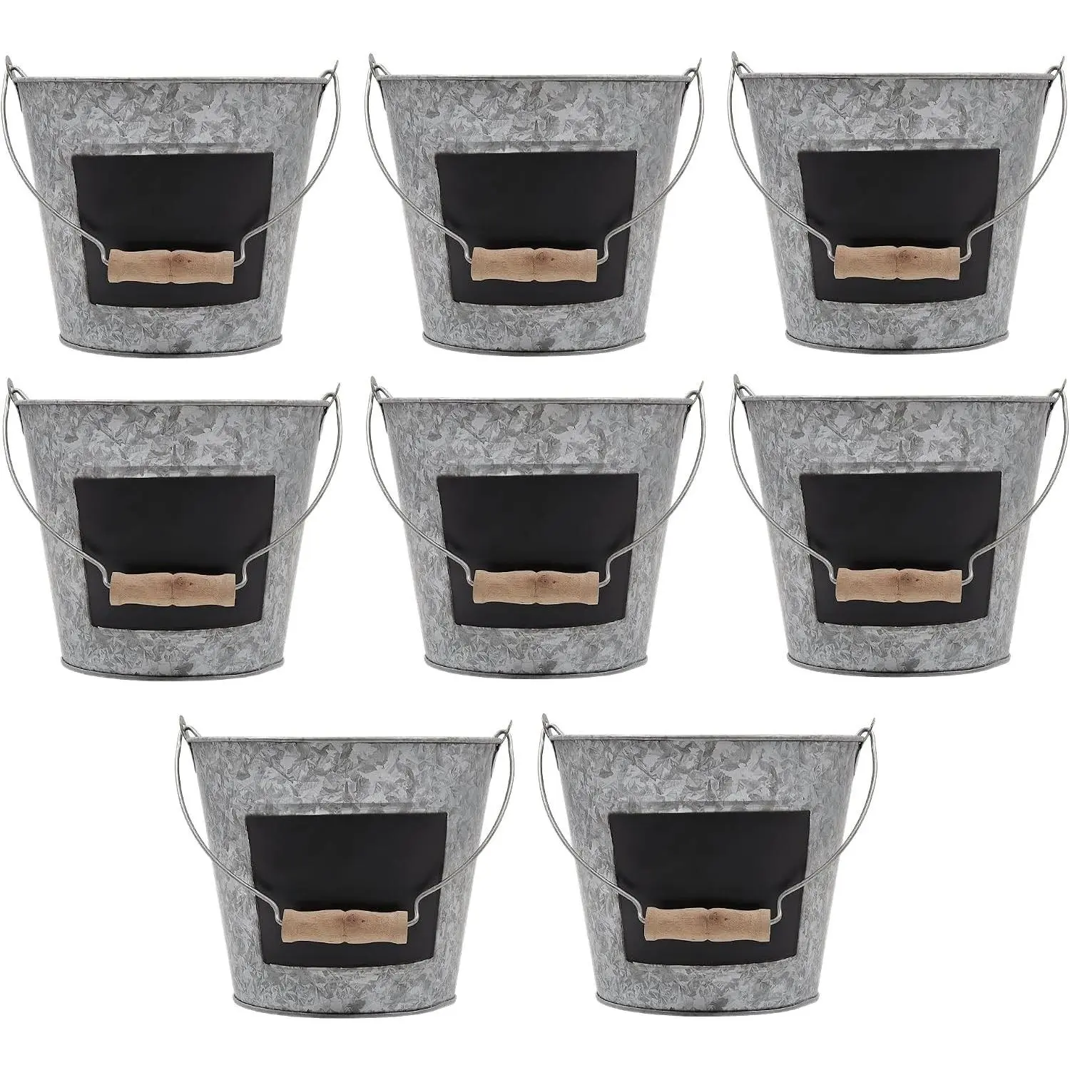 Galvanized Metal Chalkboard Bucket with Wooden Handle 7 Inch Dia – Set of 8 Rustic Farmhouse Floral Planter, Ideal for Home Décor, Office, Party, Wedding, Indoor, Outdoor or Tabletop Décor