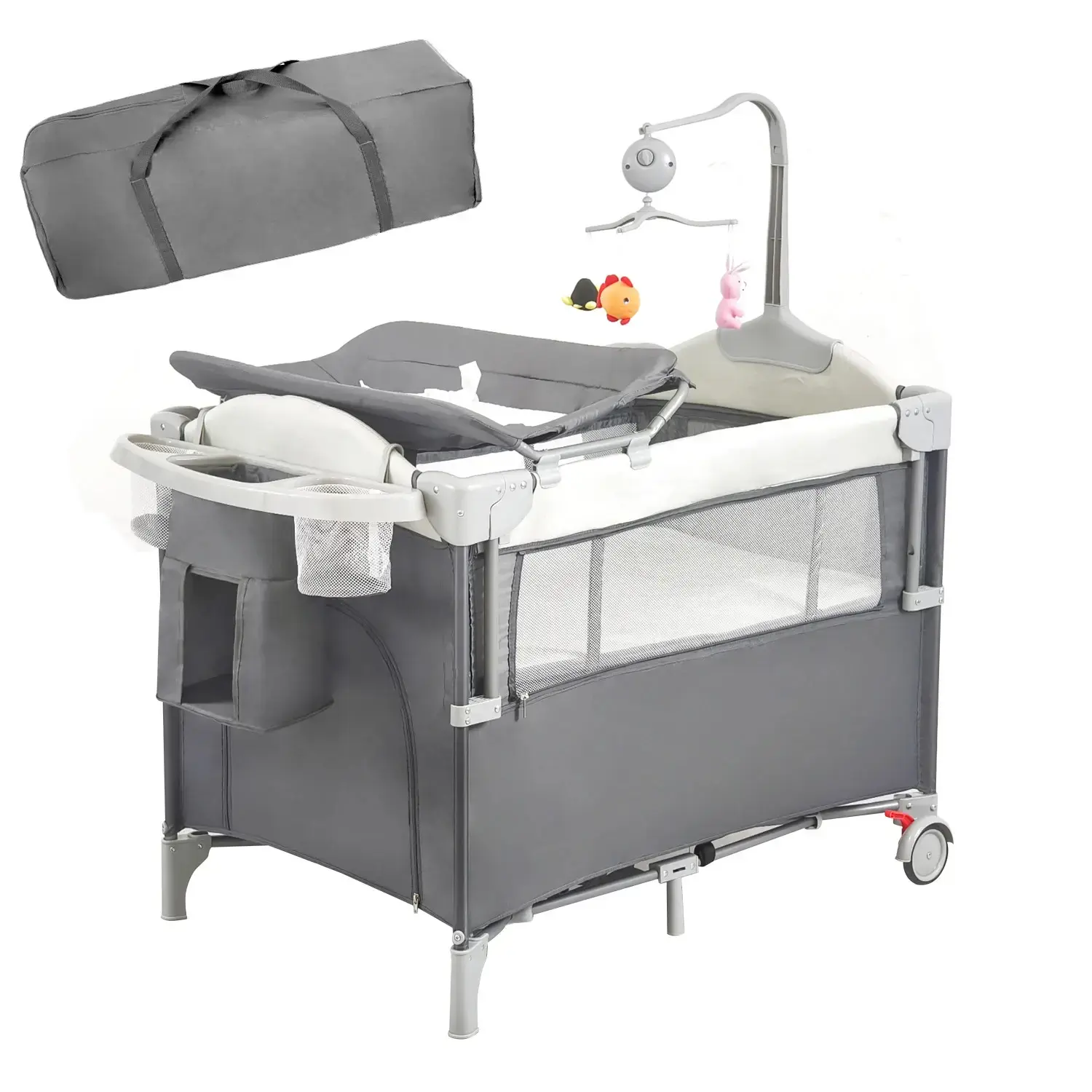 Aobtkel Foldable Portable Baby Playard Crib with Bassinet for Baby, Changing Table, Lockable Wheels, Music Box, Toy Bar, Diaper Storage, Mattress & Carry Bag for Newborn Infants
