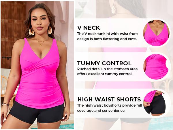 Aqua Eve Plus Size Tankini with Shorts Two Piece Swimsuits Tummy Control Bathing Suits for Women