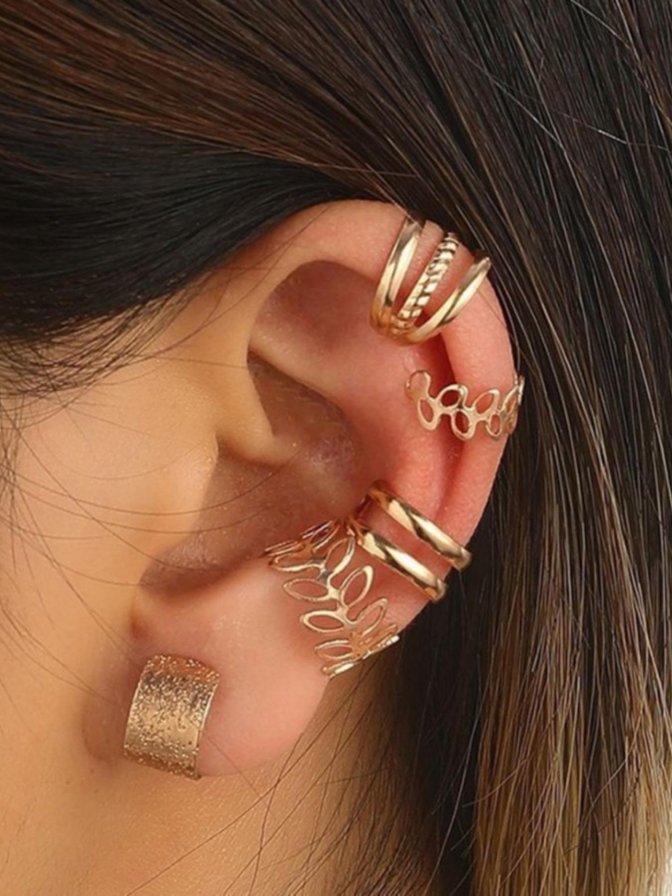 5 Pcs Creative Hollow Out Gold/silver Color Alloy Earrings, No Piercing Ear Clip, Elegant Ethnic Style, All Seasons Fashion Accessory