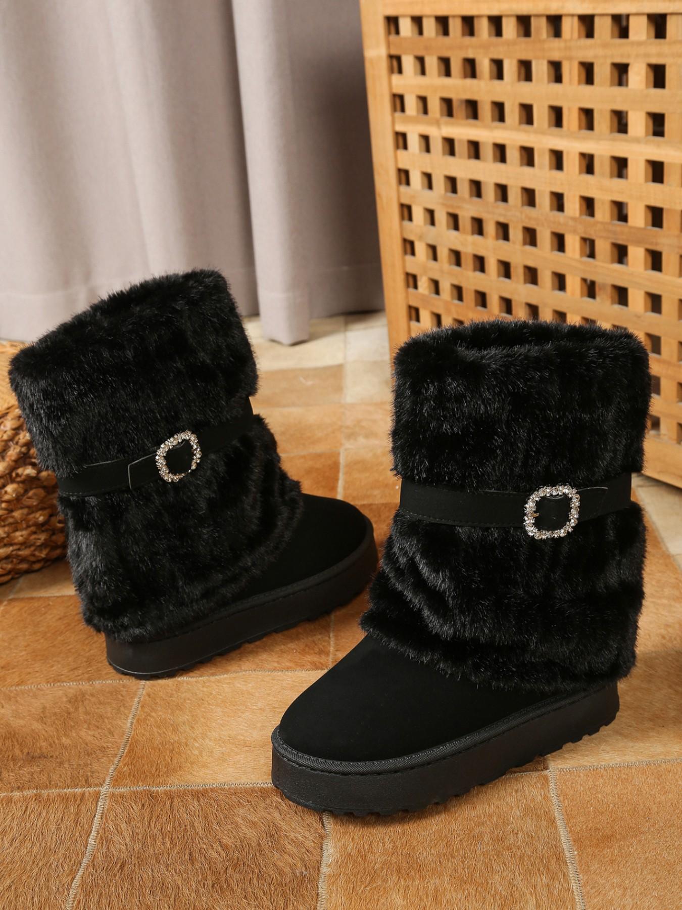 Women's Plush Mid-Calf Snow Boots, Rhinestone Buckle, Easy-On Design, Thick Lining, Rubber Sole, Round Toe, Winter Fashion
