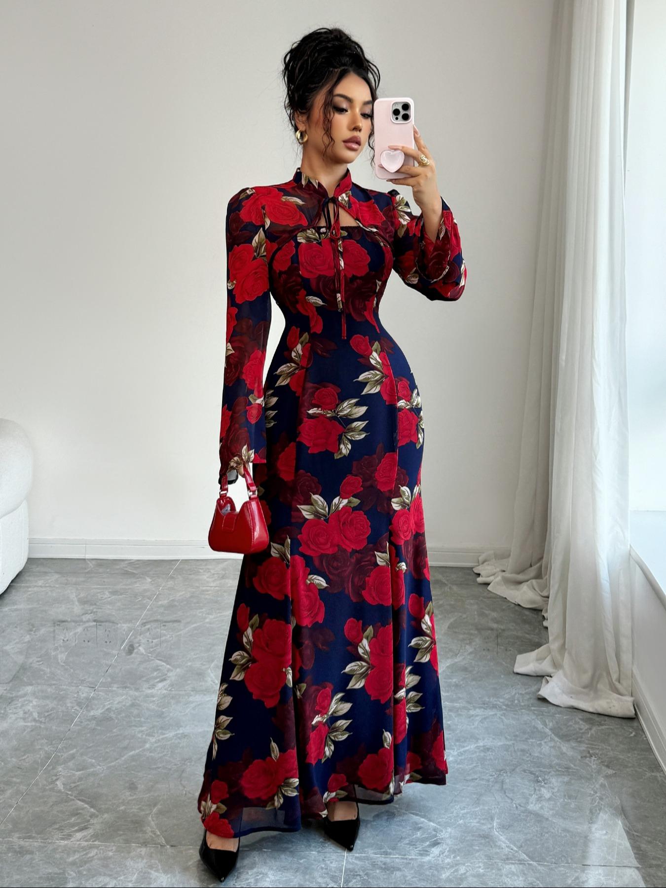 Fashion Elegant Floral Print Stand Collar Tie Waist Long Dress, Fitted Long Sleeve, Fall Season, Womenswear