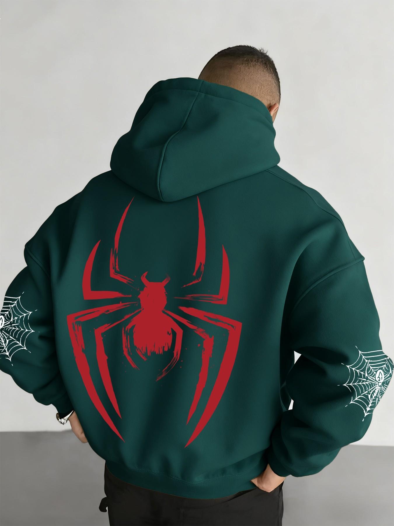 Men's Fall/Winter Spider-Print Hooded Sweatshirt with Drawstring and Kangaroo Pocket, Casual Street Fashion Hoodie, Casual Streetwear Hoodie, Comfortable Fabric, Fitted Graphic Sweatshirts