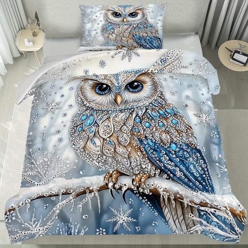 3-Piece Set with Owl on Branch Design, Includes 1 Duvet Cover and 2 Pillowcases, Snowflake Surround, Elegant and Cozy, Year-Round Use