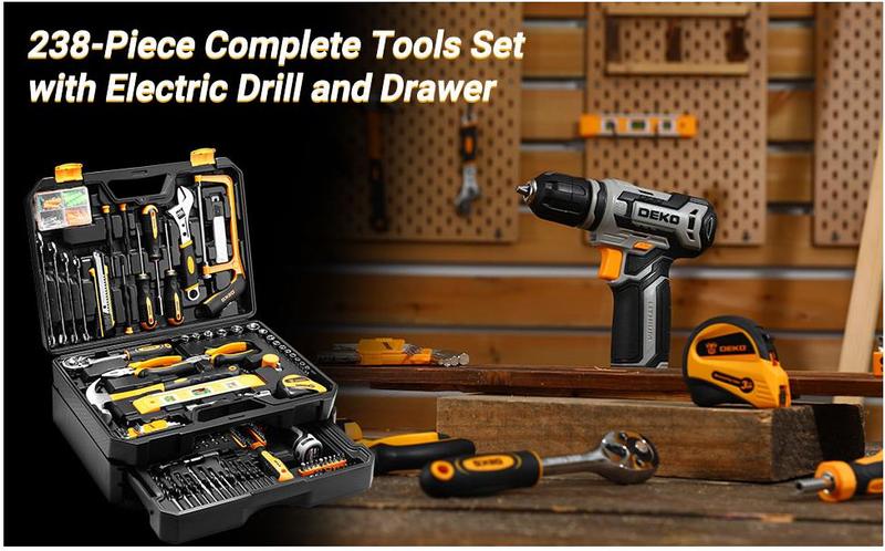 DEKO Tool Kit Box Drill Set Home Mechanic Toolbox with 12V Power Cordless Drill Hand Repair Tools Sets Combo Kits Storage Organizer Drawer Case for Men