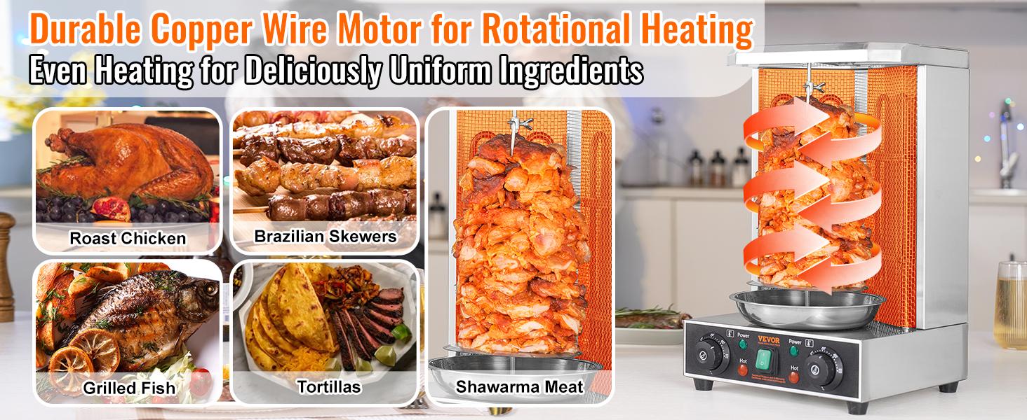 VEVOR Shawarma Grill Machine, 13lbs Capacity, Chicken Shawarma Cooker Machine with 2 Burners, 122-572 Electric Vertical Broiler Gyro Rotisserie Oven Doner Kebab Machine for Home/Commercial Use