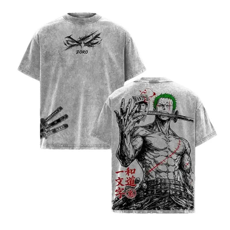 Roronoa Zoro One Piece Anime Three Sword Style Pirate Hunter Vintage Washed Oversized Graphic Tee Katana Warrior Streetwear Shirt