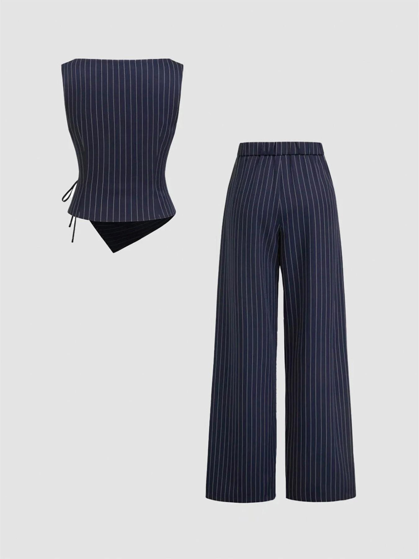 Women's Striped Strapless Tie-Back Vest Top and Straight Leg Pants Set, Corporate Outfits Women, Elegant Slim-Fitting Outer Vest Suit for All Seasons
