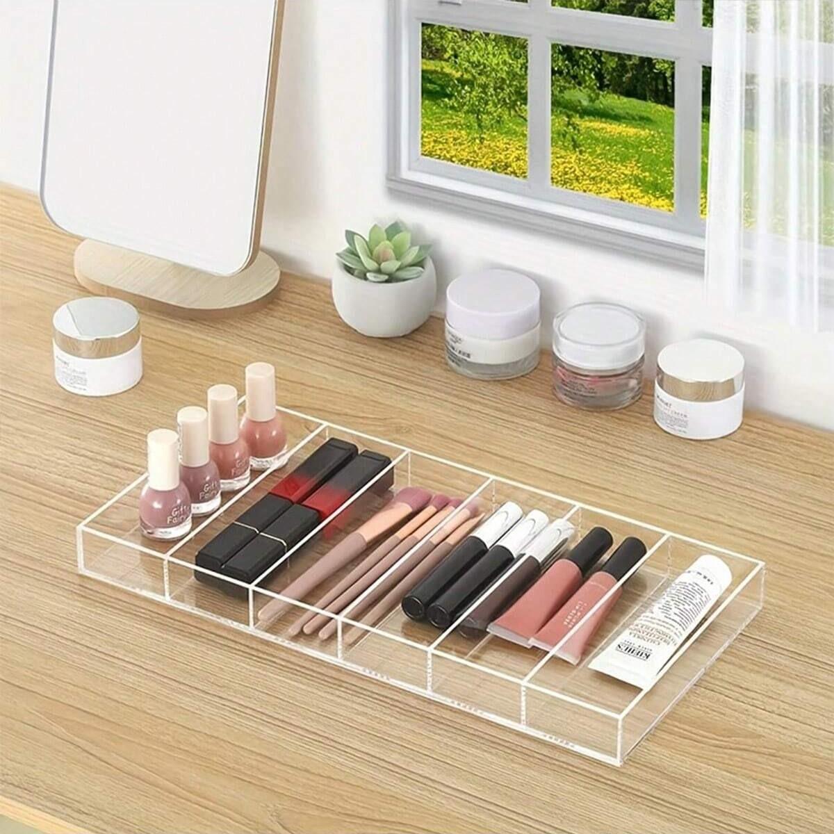 Luxury Eyeglass Display Tray, Perfume Cosmetics Storage Plate, High-Definition Transparent Acrylic Desktop Organizer, 6 Compartment Holder