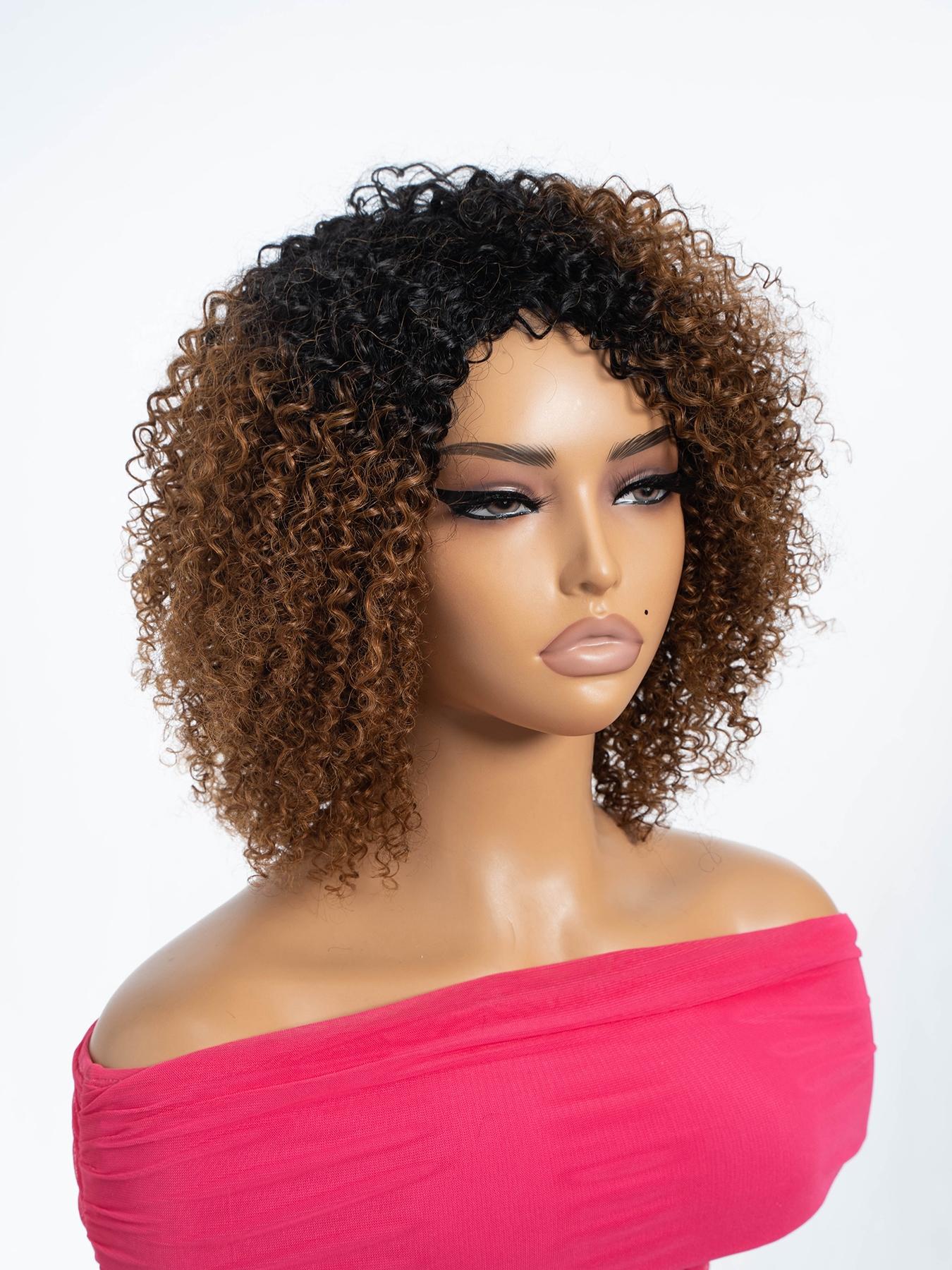 12 Inch Human Hair Wig Natural Curly Bob Soft Bouncy and Lightweight Ombre Brown with Black Roots Lace Front Wig with Pre Plucked Hairline Full Volume Daily Wear, Party, Glueless Hair Wigs, Glueless Frontal Wig
