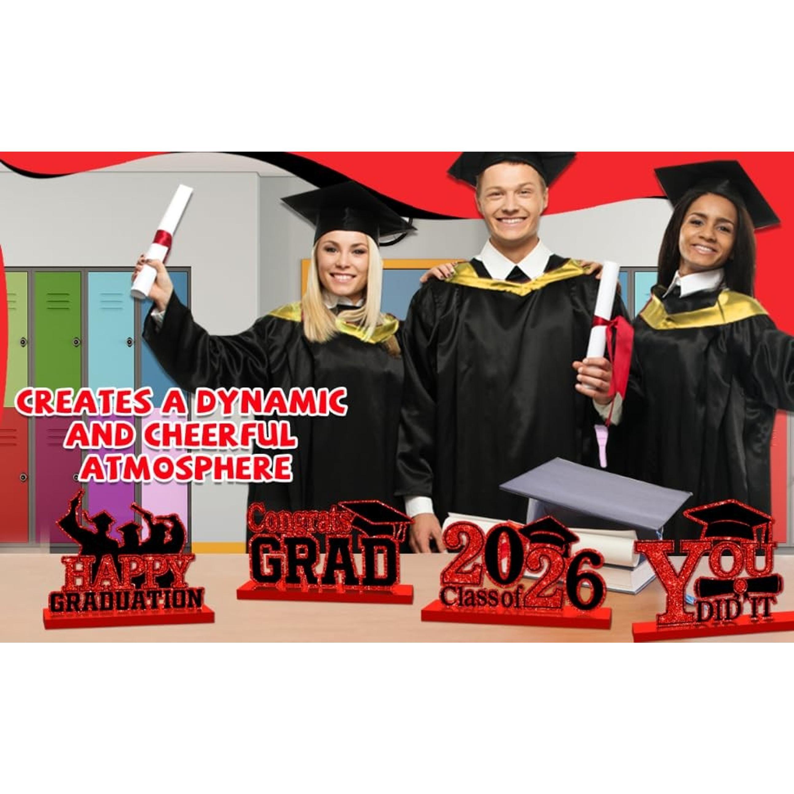 4Pcs Graduation Decorations Class of 2026 Wood Table Centerpieces Congrats Grad Wooden Sign Graduation Table Toppers Tiered Tray Decor for 2026 Graduation Party Red-Black