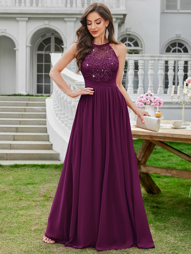 MIUSOL 24447A Women's Sequin Lace Sleeveless Halter Tie Back Ruched Waist Design Formal Evening Gowns Maxi Dress for Formal Event, Evening Party, Banquet, Festival, Quinceaneradress, Bridesmaid Dress