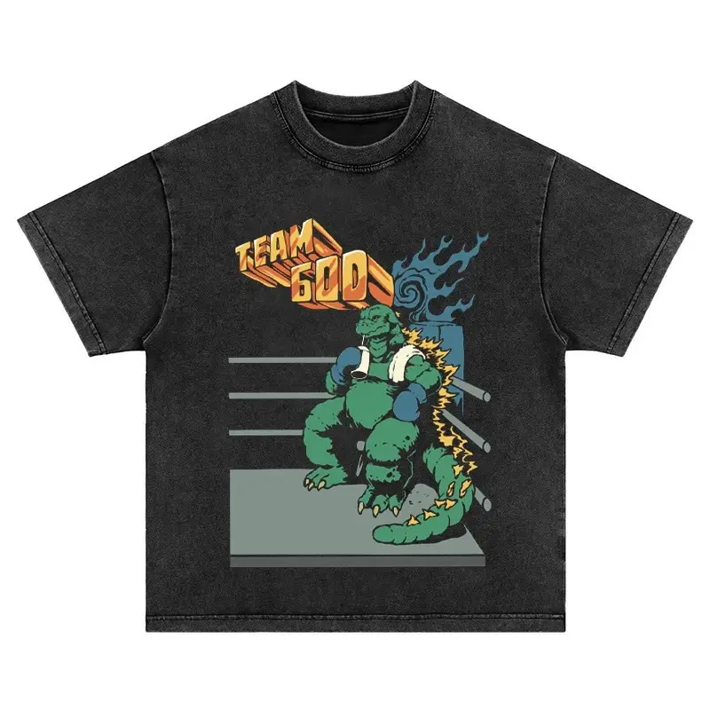 Men's Vintage Washed Black Base Round Neck Short Sleeve T-Shirt - Godzilla Wrestling Ring Artwork, Casual Short Sleeve Tops, All Seasons, Standard Sizes, Urban Trendy Tee for Road Trip Hangout
