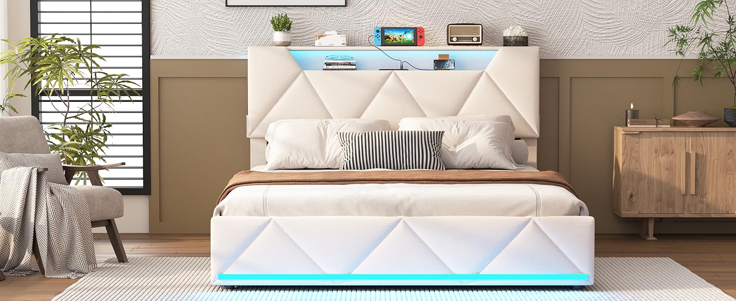 Vabches Bed Frame with Storage Headboard and 4 Drawers,Upholstered Platform with Charging Station and Led Lights,Adjustable Headboard,No Box Spring Needed,Beige