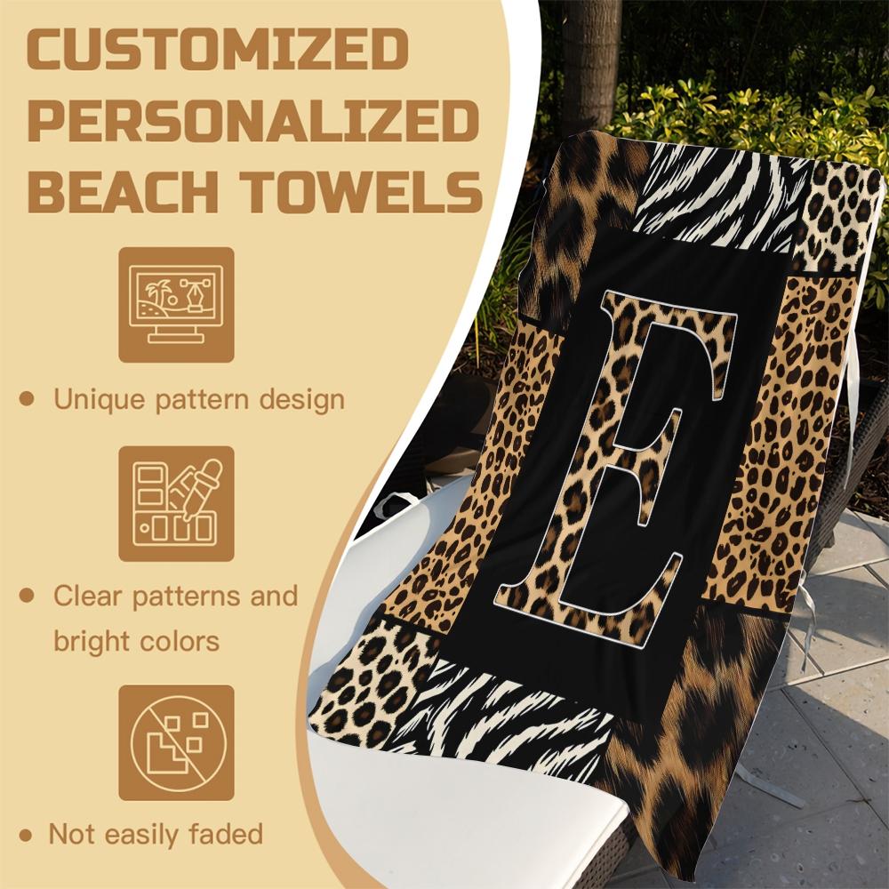 Animal Print Monogram Beach Towel, Leopard Zebra Tiger Initial Microfiber Quick Dry Sand Free Towel, Gift for Animal Lovers