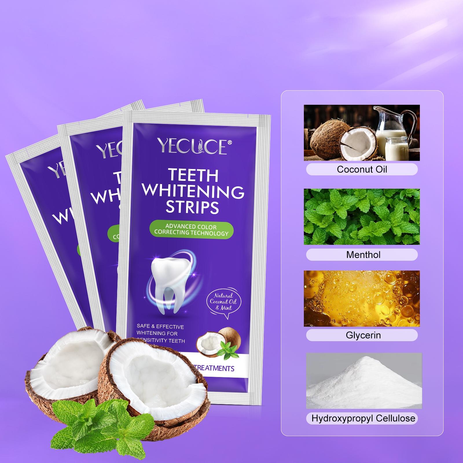 YECUCE Purple Teeth Whitening Strips contain natural coconut oil and peppermint. Advanced color correction improves yellowing teeth, breaks down stains, and eliminates tooth sensitivity. 14 strips/box Teeth Brightening Strips