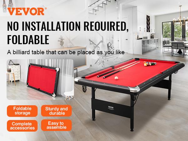 VEVOR Billiards Table, 7 ft Pool Table, Portable Foldable Space-Saving Table, Billiard Table Set Includes Balls, Cues, Chalks and Brush, Black with Red Cloth, Perfect for Family Game Room Kids Adults