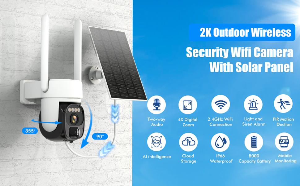 Hawkray Solar Security Cameras Wireless Outdoor ，2K 360° View Pan Tilt Low Power Consumption WiFi Security Cameras with AI Motion Detection, Two-Way Audio,Color Night Vision