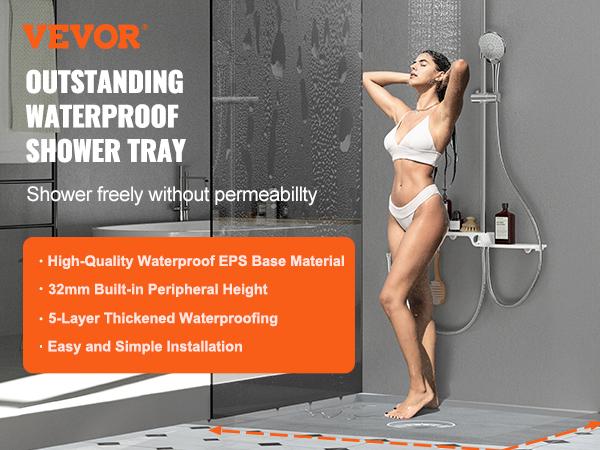 【Summerfinds】VEVOR Leakproof Shower Tray Kit Set, 48"x72" with 6.3" Central Drain, Lightweight EPS Board Installation Supplies, 2 Waterproof Cloths & Slope Sticks for Bathroom, Slim Profile