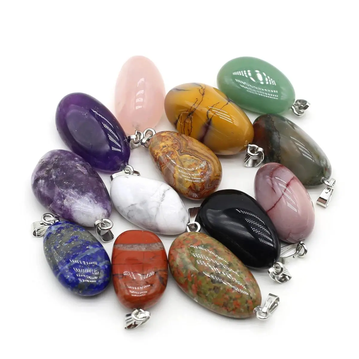 5pcs Natural Stone Pendant Crystals - Amethyst, Rose Quartz Hand Polished Gem Charms with Smooth Finish for Jewelry Making, DIY Projects, Necklace & Earring Crafting
