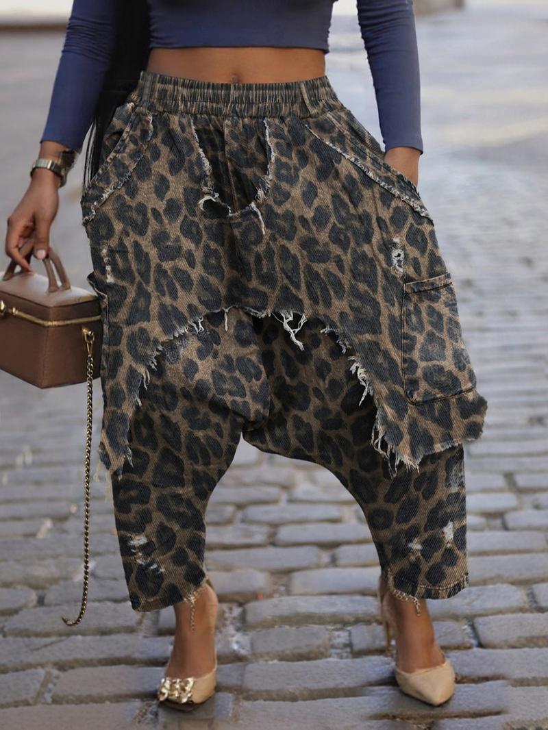 Women's Camo Distressed Harem Pants, Loose Fit Street Style Low Waist, Casual Fitted Denim Jeans, All Seasons Fashion, Bohemian Bottoms Women's Camo Distressed Harem Pants, Loose Fit Street Style Low Waist, Casual Fitted Denim Jeans, All Seasons Fashion, Bohemian Bottoms