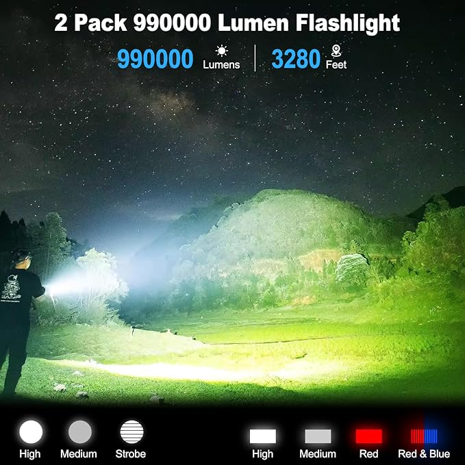 2-piece rechargeable zoom ultra bright flashlight, suitable for emergency power outages, outdoor camping, hurricanes Rechargeable LED battery powered, with 6 lighting modes and COB side lights Strong light, red and blue flashing flashlight