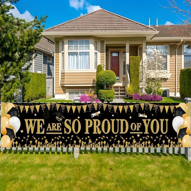 2D flat banner, 1 black gold graduation season banner We Are So Proud Of You Graduation party decoration background cloth European and American graduation ceremony courtyard layout Bachelor's hat balloon photo background wall Graduation Banner