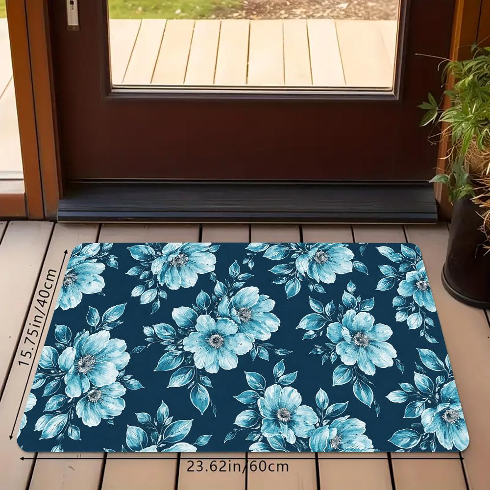 Vintage Blue Floral Kitchen Rug Set, Watercolor Flower Non-Slip Washable Floor Mats, Aesthetic Botanical Runner Rugs for Kitchen, Living Room & Home Decor