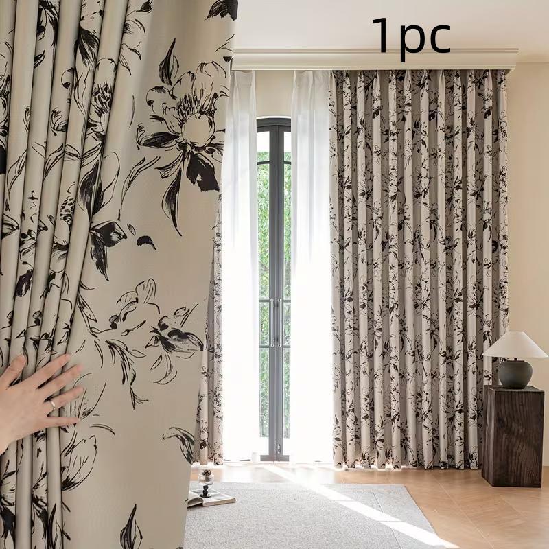 1pc New Traditional Ink Floral Drapes, High Light Blocking, Modern Style, Living Room Bedroom Privacy Decor Curtains, Single Piece