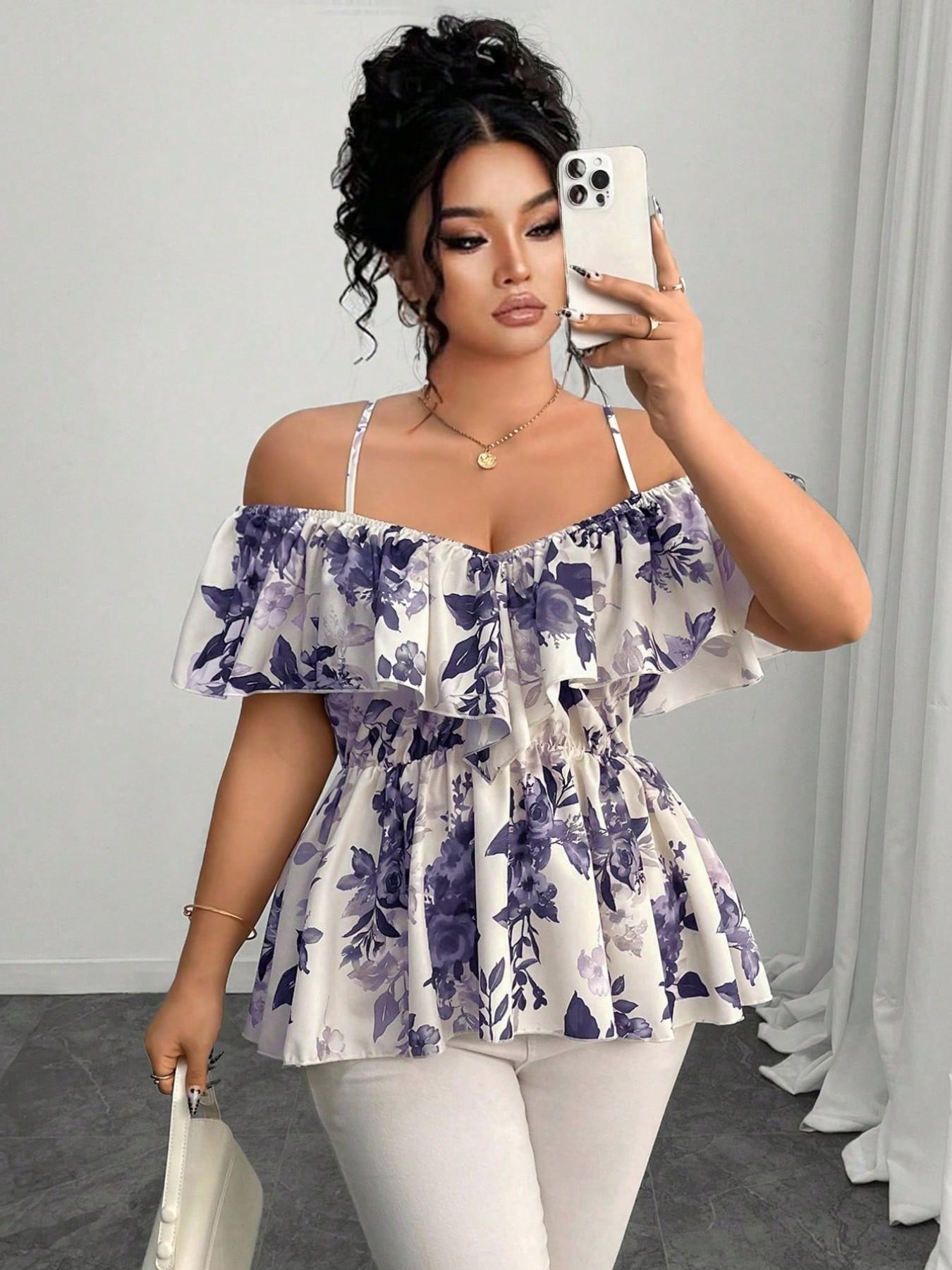 Elegant Chic Casual Bohemian Ruffle Halter Top, A-Line Hem Blouse for Spring & Summer, Plus Size Fashion Shirt for Women, Fit