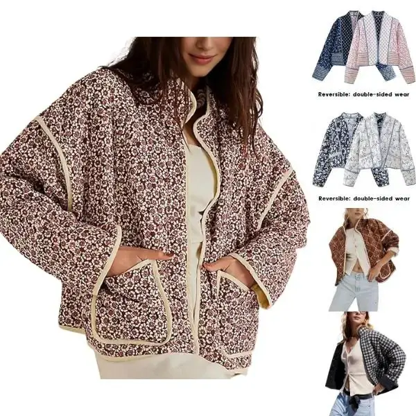 Women's Lightweight Cropped Floral Quilted Puffer Jacket Printed Open Front Cardigan with Padded Design Coat