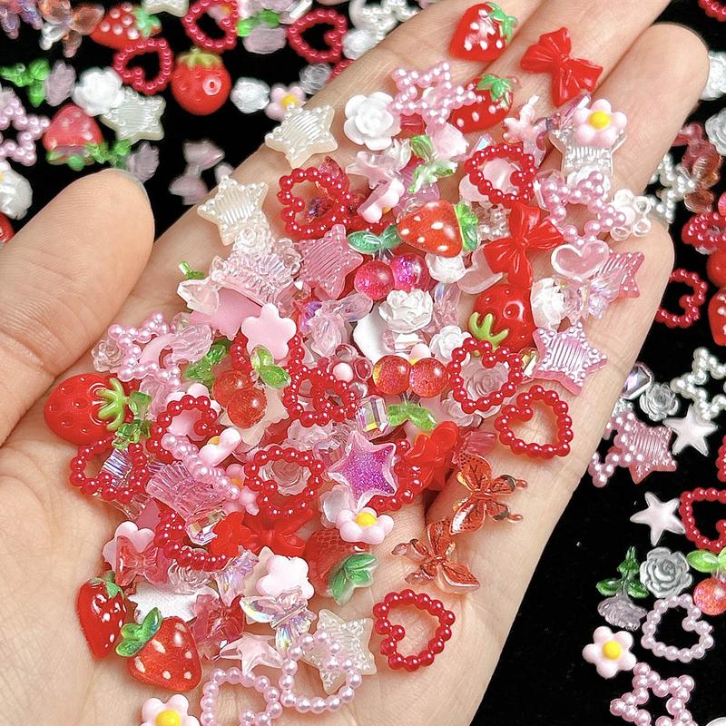 100PCS 3D Creative Strawberry Bow Cherry Resin Nail Charms Simulated Pearl Heart Transparent Camellia Butterfly Rose Decorations for Women DIY Phone Case Nail Art Supplies