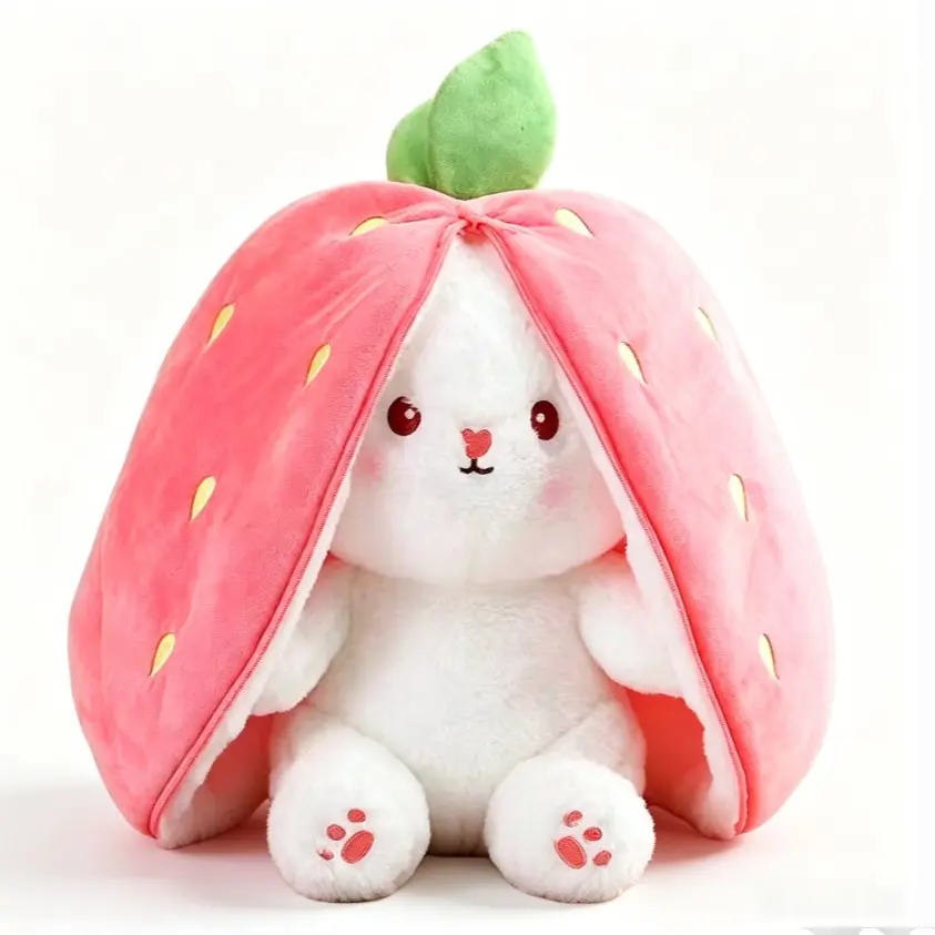 Cute Transformable Rabbit Plush Doll, Strawberry Carrot Shape Ornament, Soft Skin-Friendly, Sleep Companion Pillow, Birthday Gift