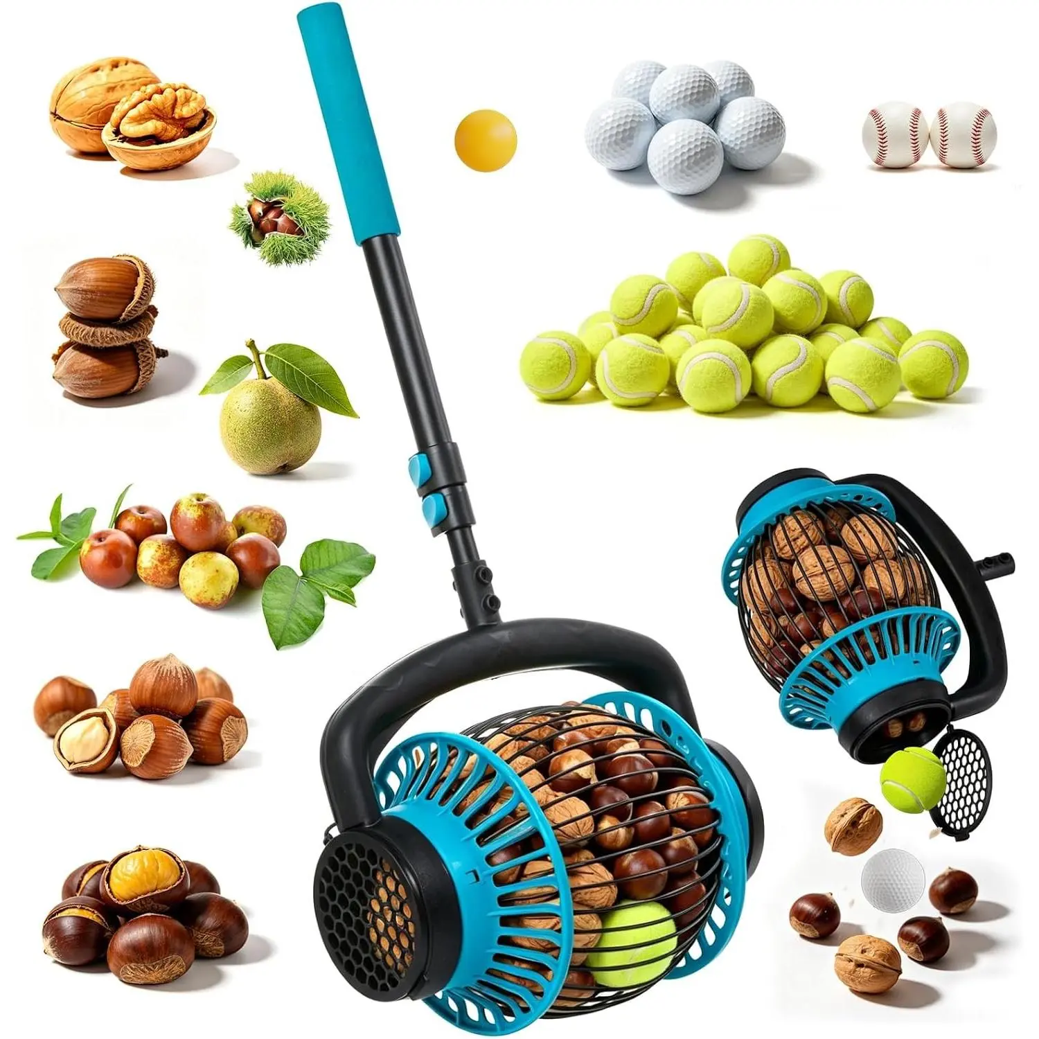 Acorn Picker Upper Roller for Garden,Sweet Gum Ball & Nut & Walnut Gatherer | Operated Side Dump Release, 1 Gallon Yard Collector for Nuts, Walnuts, Hickory, Seeds, Pecan, Pinecone