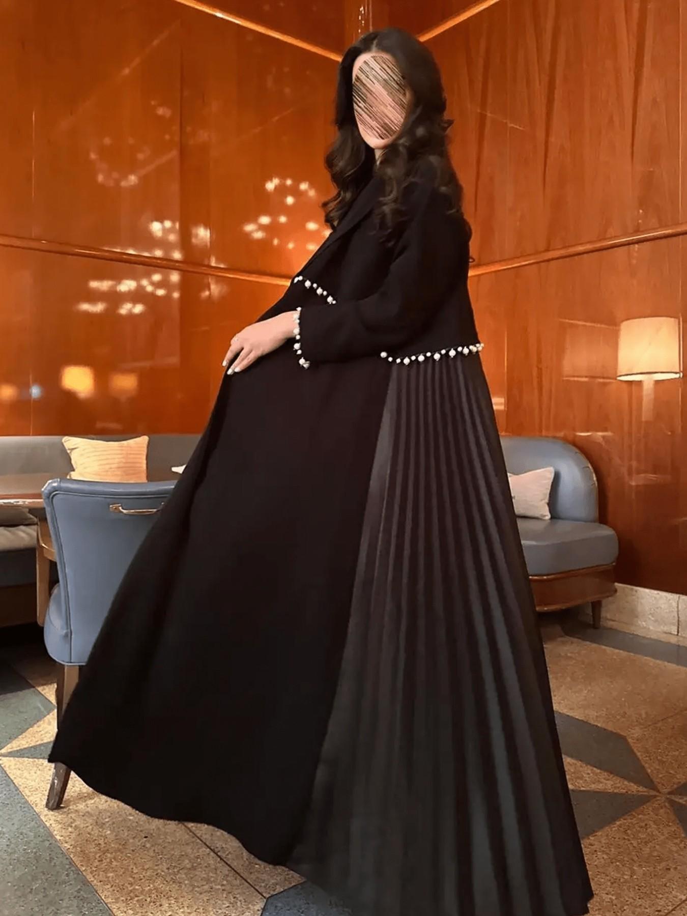 Hafizah Women's Blazer Neck Pearl Decor Long Cardigan, Pleated Patchwork Wide Skirt Flowy Outerwear, Elegant Aesthetic Formal Dress Coat